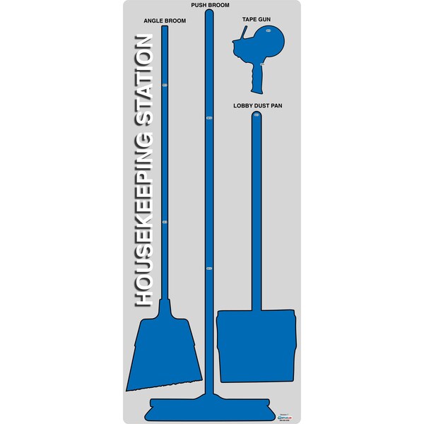 5S Housekeeping Shadow Board Broom Station Version 7 - Gray Board / Blue Shadows  With Broom